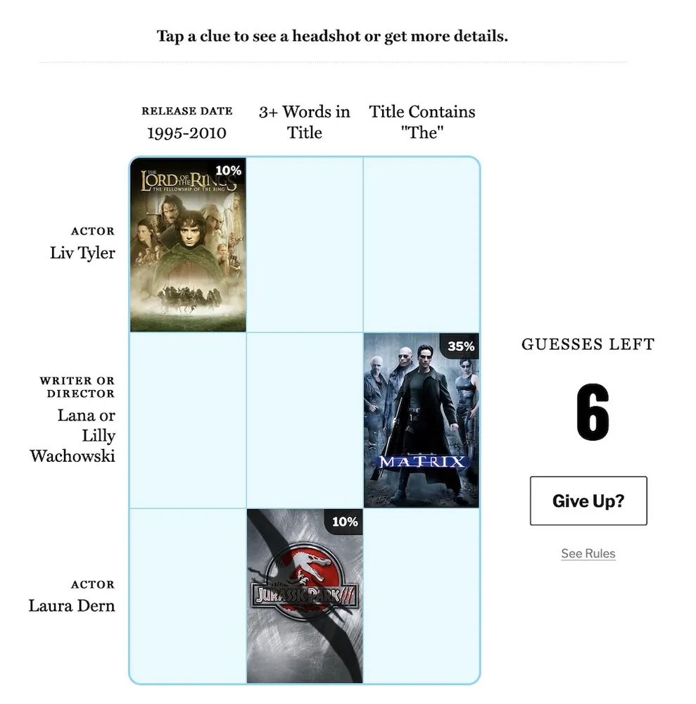 Cinematrix screenshot showing a three-by-three grid where you fill in movies matching intersecting criteria.