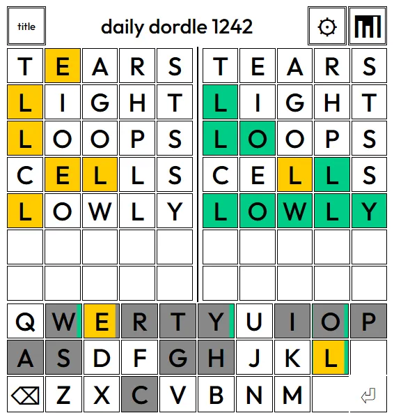 Dordle screenshot showing two Wordle-style letter grids solved side by side at once.