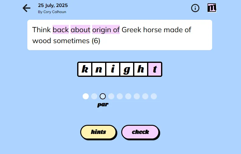 Minute Cryptic screenshot showing a single daily cryptic crossword clue with a guess box and hints.