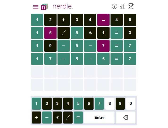 Nerdle screenshot showing a Wordle-style grid where you guess a hidden math equation.