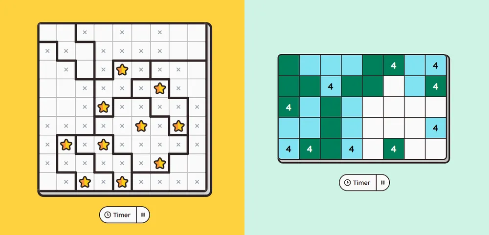 Stars and Fields screenshot showing two minimal grid logic puzzles from Inkwell Games.
